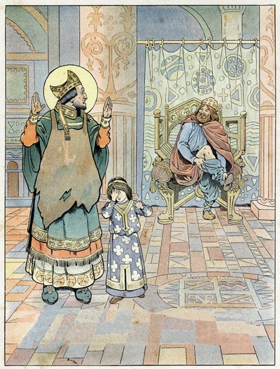 Sint Eloi (ca. 588-659) wijst de koning van Frankrijk Dagobert I (602 of 605-638 of 639) erop dat zijn broek verkeerd om is aangetrokken (onderbroek verkeerd om). in 