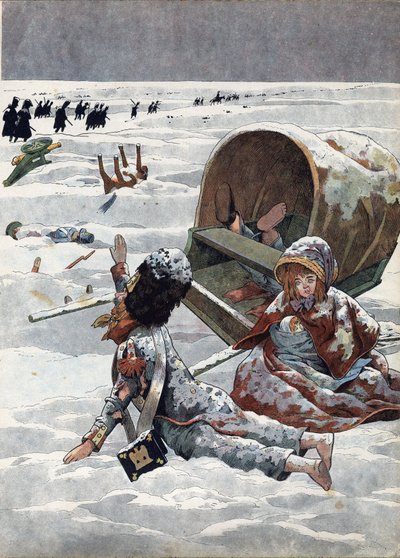 Scène uit de geschiedenis van Frankrijk in speelgoed: Episode van de terugtocht uit Rusland tijdens de Napoleontische oorlog. In 