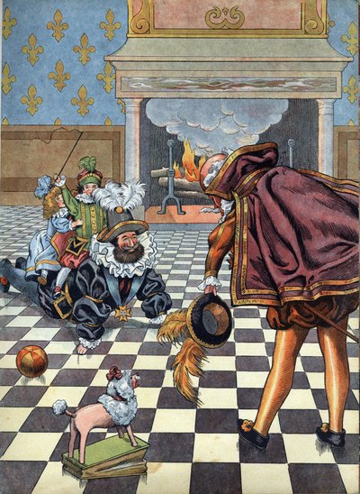 Scène uit de geschiedenis van Frankrijk in speelgoed: koning van Frankrijk Hendrik IV speelt met zijn kinderen voor de Spaanse ambassadeur. In 