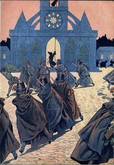 Scène uit de geschiedenis van Frankrijk in speelgoed: De Sint-Bartholomeüsnacht. Een monnik luidt de stormklok van de kerk Saint Germain l