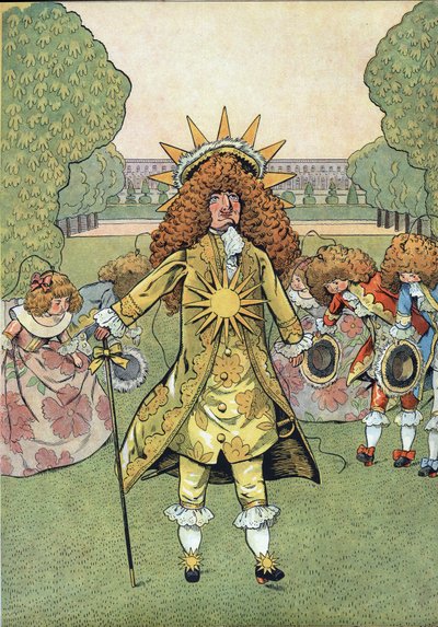 Scène uit de geschiedenis van Frankrijk in speelgoed: Portret van de koning van Frankrijk Lodewijk XIV (1638-1715) genaamd de Zonnekoning in de tuinen van Versailles met zijn hofhouding die eerbied betuigt. In 