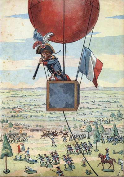 Scène uit de geschiedenis van Frankrijk in speelgoed: De Slag bij Fleurus op 26 juni 1794 en het eerste gebruik van een observatieballon door kapitein Jean Marie Joseph Coutelle (1748-1835) met een verrekijker - In 