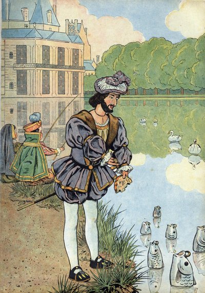 Scène uit de geschiedenis van Frankrijk in speelgoed: koning van Frankrijk Frans I geeft brood aan de vissen van het park van Fontainebleau. In 