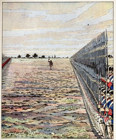 Schiet de eerste, heren Engelse woorden van de graaf van Auteroche uitgesproken tijdens de Slag bij Fontenoy op 11/05/1745 tijdens de Oostenrijkse Successieoorlog. Illustratie van Job (Jacques Marie Gaston Onfray en Breville) door pseudonym for Onfray de Breville Jacques Job