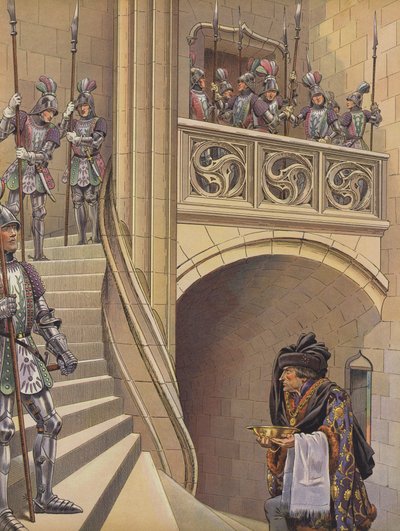 De barbier beklom de trap naar de kamer van de koning, langs de talrijke gewapende wachters (kleur litho) door pseudonym for Onfray de Breville Jacques Job