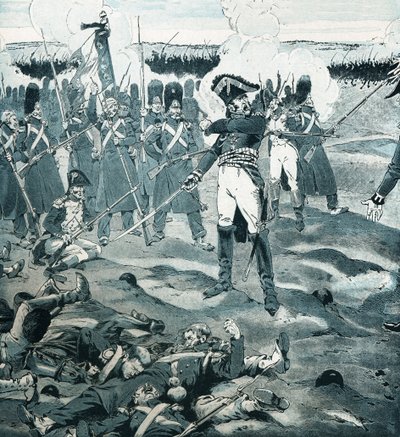 De wacht stierf maar reageerde niet op Generaal Cambronne (1770-1842) die het laatste plein van de Garde commandeerde terwijl de vijand het Franse leger vroeg zich over te geven in de Slag bij Waterloo op 18 juni 1815. Illustratie van Job (Jacques Marie Ga door pseudonym for Onfray de Breville Jacques Job