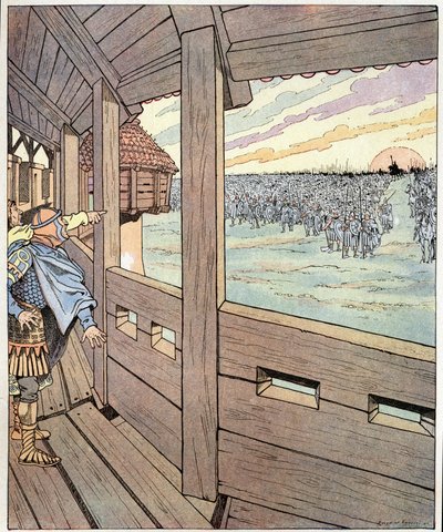 De ijzeren man, dit is Karel de Grote. Woorden van Ogger aan de koning van de Longobarden Didier toen hij koning Karel de Grote of Karel I de Grote (742-814) zag vanaf de muren van Pavia in 774. Illustratie van Job (Jacques Marie Gaston Onfray en Breville) door pseudonym for Onfray de Breville Jacques Job