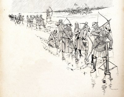 De regen maakt de boogschutters van het leger van de Franse koning Filips VI (1293-1350) onbruikbaar door de touwen van de bogen nat te maken tijdens de Slag bij Crécy in 1346 aan het begin van de Honderdjarige Oorlog. Illustratie van Job (Jacques) door pseudonym for Onfray de Breville Jacques Job