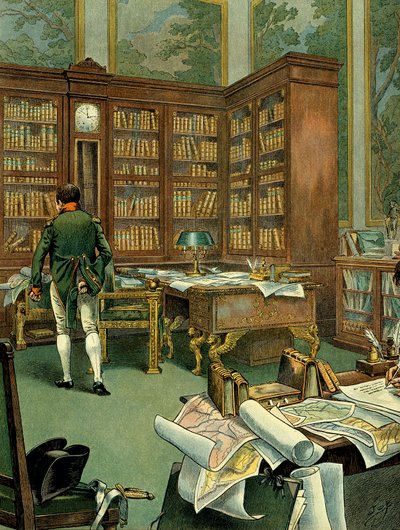 Werkkabinet van Napoleon I Bonaparte op de eerste verdieping van het Palais des Tuileries terwijl hij Eerste Consul was. Bureau met bibliotheek en klok gebouwd in hout. Illustratie door Jacques Marie Gaston Onfray de Breville, bekend als JOB. Privécollecti door pseudonym for Onfray de Breville Jacques Job