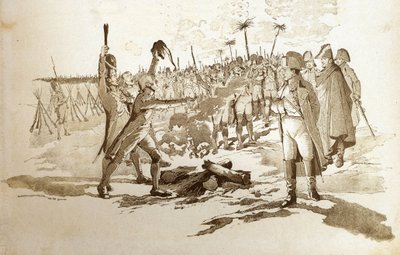 Je hoeft jezelf niet bloot te stellen, we brengen je de vlaggen en kanonnen van een grenadier voor de slag bij Austerlitz wanneer Napoleon I Bonaparte (1769-1821) de bivakken bezocht. Illustratie van Job (Jacques Marie Gaston Onfray en Breville) (Jacques- door pseudonym for Onfray de Breville Jacques Job