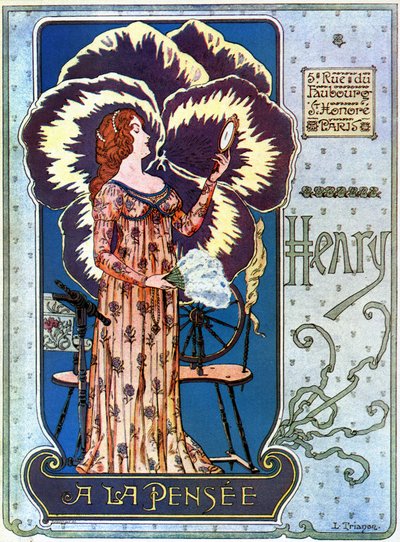 Art Nouveau: reclameposter voor de cosmeticawinkel Henry a la Pensée in Parijs. Een jonge vrouw bewondert zichzelf in een spiegel, achter haar een bloem van gedachte. Illustratie van L. Trianon door pseudonym of Trinquier Louis Trinquier Trianon