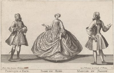 Pruik op gezicht / Dame in jurk / Mouw in pagode door published by Jacques Chéreau