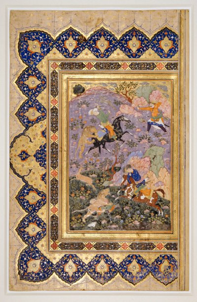 Jacht op wilde dieren, ca. 1540 (inkt, gouache en goud) door School Iranian