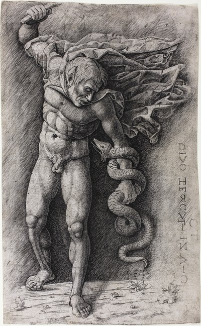 Faun die een Slang Aanvalt door school of Andrea Mantegna