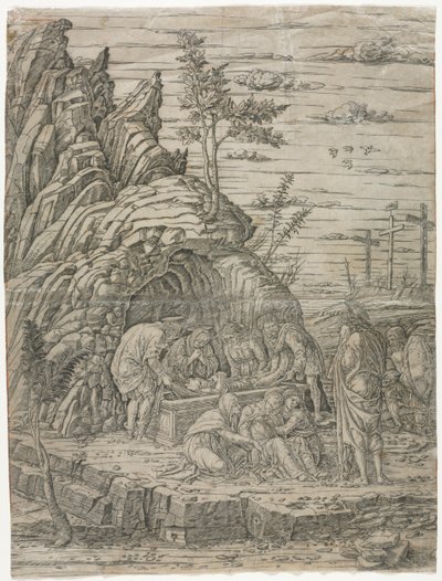 De graflegging met de vier vogels door school of Andrea Mantegna