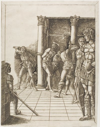 De geseling van Christus, met de vloer door school of Andrea Mantegna