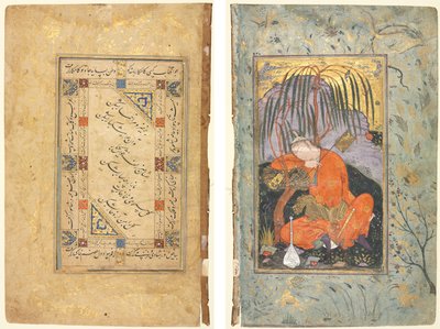 Perzische coupletten (recto); Slapende jongeling (verso) door style of Riza yi Abbasi