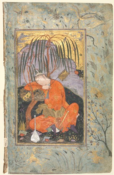Slapende jongeling (verso), Illustratie uit een enkele pagina manuscript door style of Riza yi Abbasi