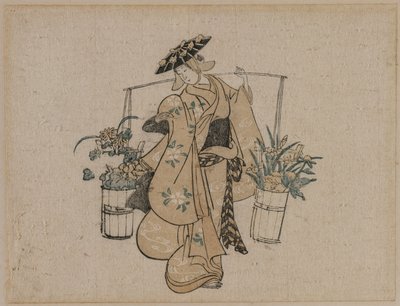 Een schoonheid die twee emmers bloemen draagt door style of Torii Kiyomasu