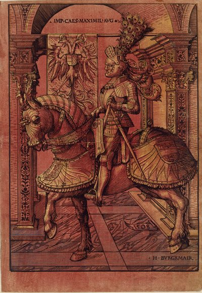 Keizer Maximiliaan I, gewapend te paard door the Elder Hans Burgkmair