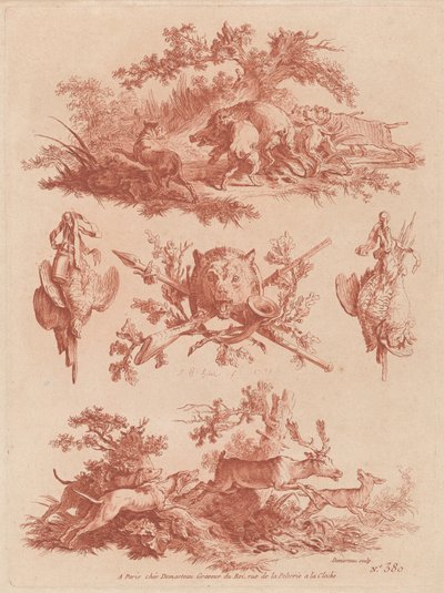 Jachttrofeeën en Vignetten met Honden die een Everzwijn en een Hert Achtervolgen door the Elder and Jean Baptiste Hüet Gilles Demarteau