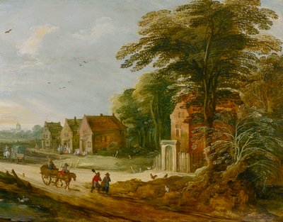 Reizigers die door een dorp gaan, laat 16e of vroeg 17e eeuw door the younger Joos de Momper