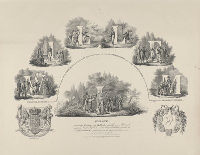 Allegorie op de deugden van koning Willem I, 1831 door van der Meulen