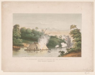 Z.M. Stoomschip Celebes in gevecht met een kotta-mara. Poeloe Kanamit, 6 Augustus 1859 door weduwe Elias Spanier and Zn