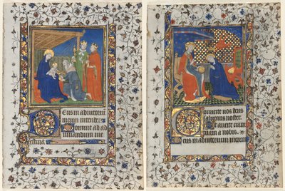 Bifolio uit een getijdenboek: Aanbidding der wijzen en kroning van de Maagd door workshop of Boucicaut Master