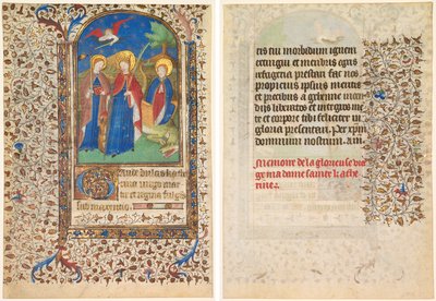 Blad uit een Getijdenboek: St. Geneviève, Catharina van Alexandrië en Margaretha (recto) en Tekst (verso) door workshop of Boucicaut Master