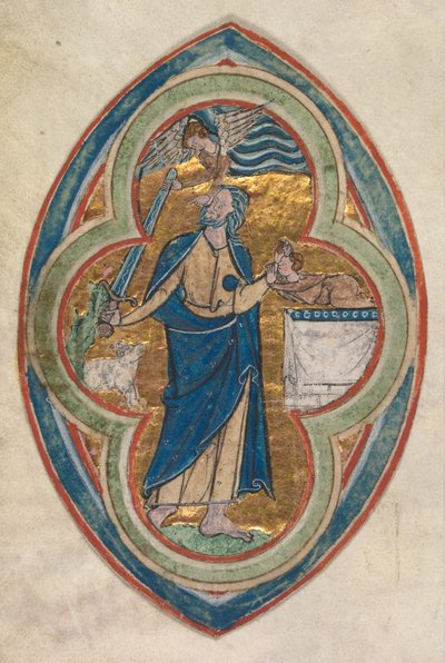 Miniatuur uitgesneden uit een Compendium in historiae genealogia Christi door Peter Poitiers: Het offer van Isaac door workshop of William de Brailes
