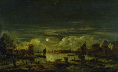 Maanlicht landschap (olie op eiken paneel) door Aert van der Neer