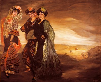 De drie neven met de traditionele spaanse klederdracht van dansers c.1903 olieverf op doek