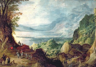 Landschap met zee en bergen door Joos or Josse de Momper