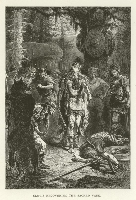 Clovis herstelt de Heilige Vaas (gravure) door (after) American School