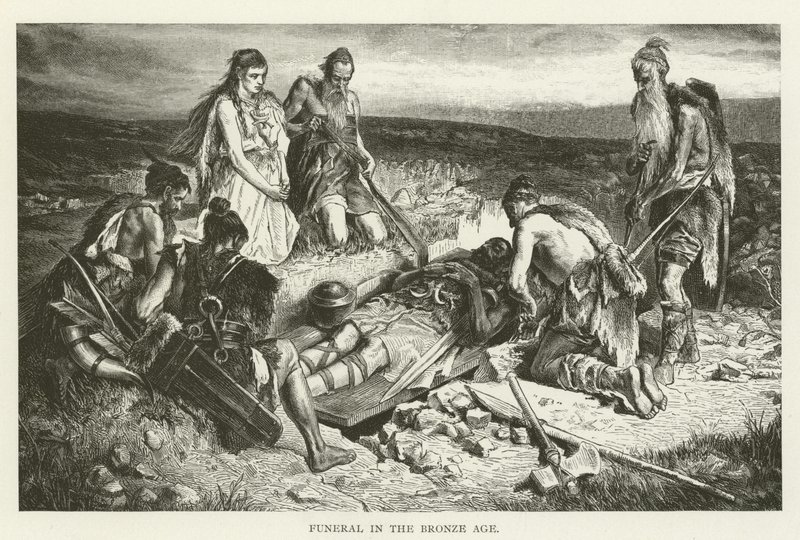 Begrafenis in de Bronstijd (gravure) door (after) American School