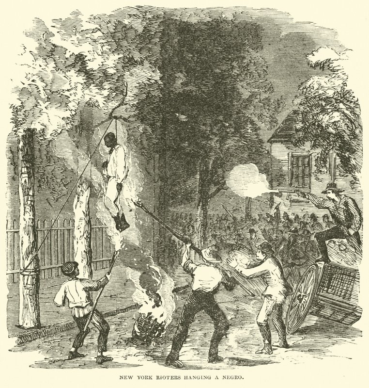 New York relschoppers hangen een zwarte persoon, juli 1863 (gravure) door (after) American School