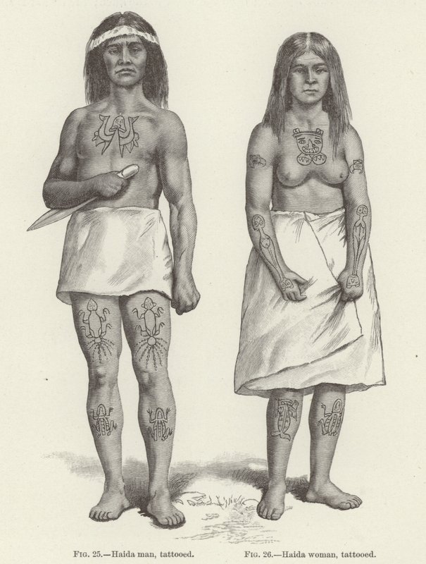Getatoeëerde Haida vrouw en man (gravure) door (after) American School