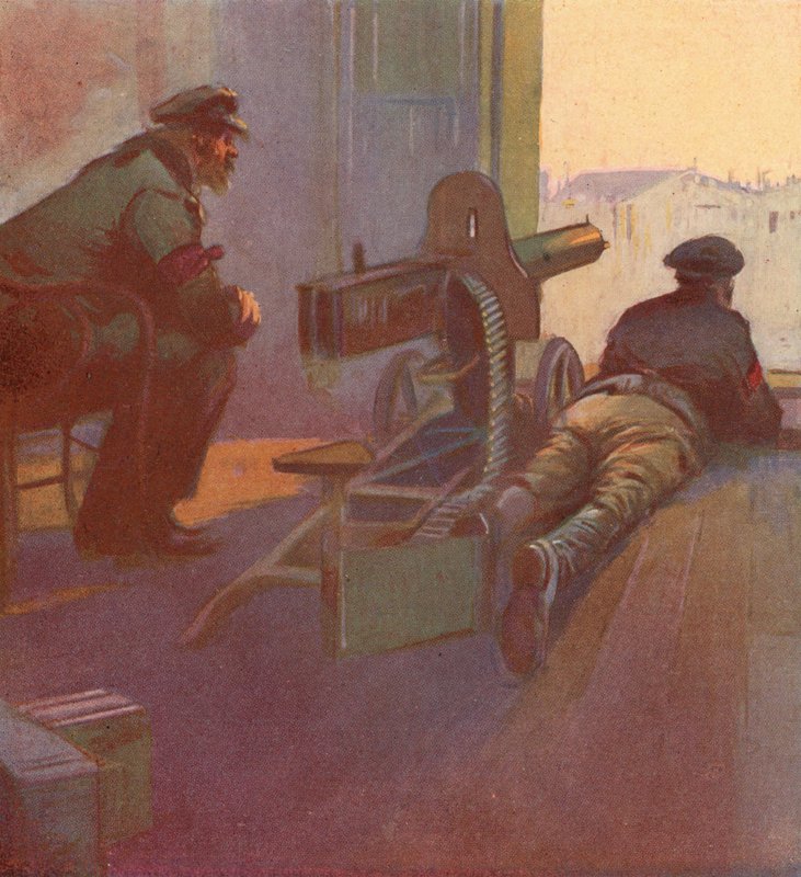 Rode Garde met een machinegeweer uit het raam van een gebouw, Russische Revolutie door (after) Carrey
