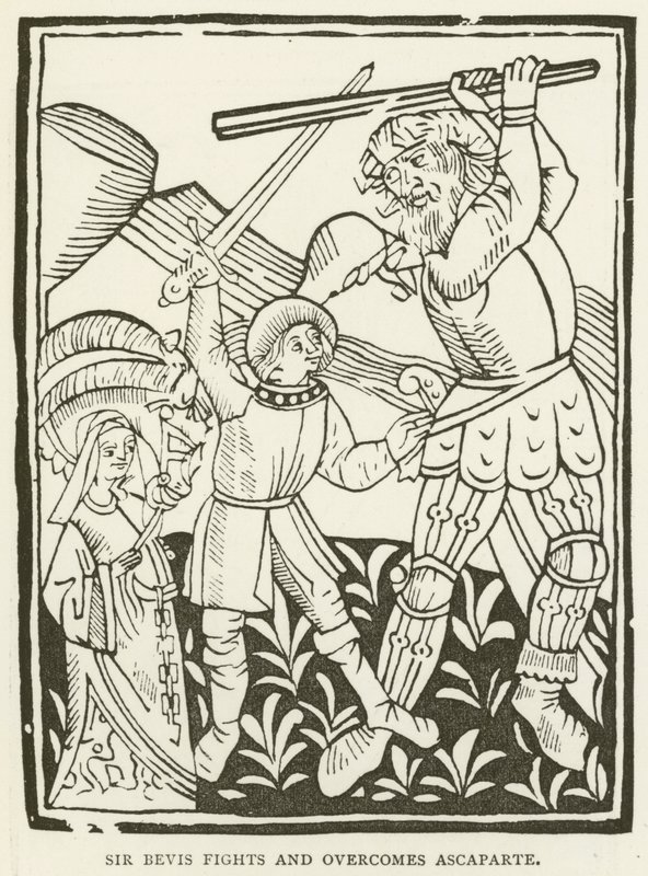 Sir Bevis vecht en overwint Ascaparte (gravure) door (after) English School