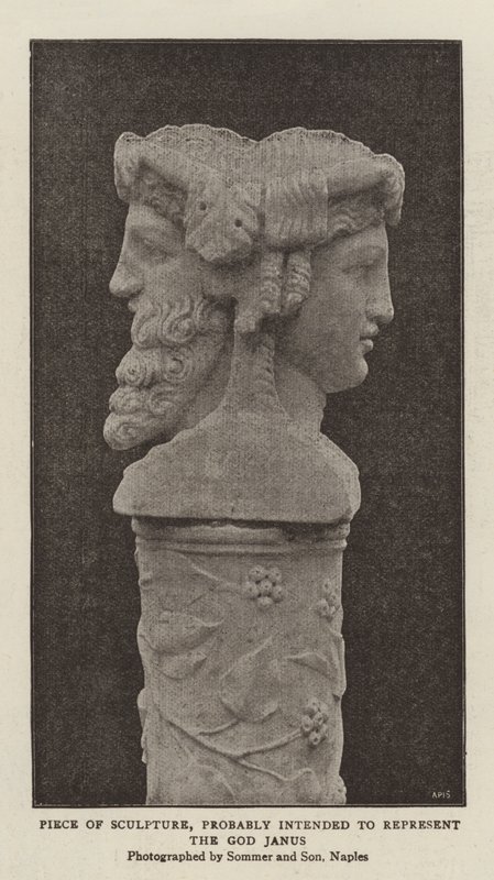 Stuk beeldhouwwerk, waarschijnlijk bedoeld om de god Janus voor te stellen (zwart-wit foto) door (after) English photographer