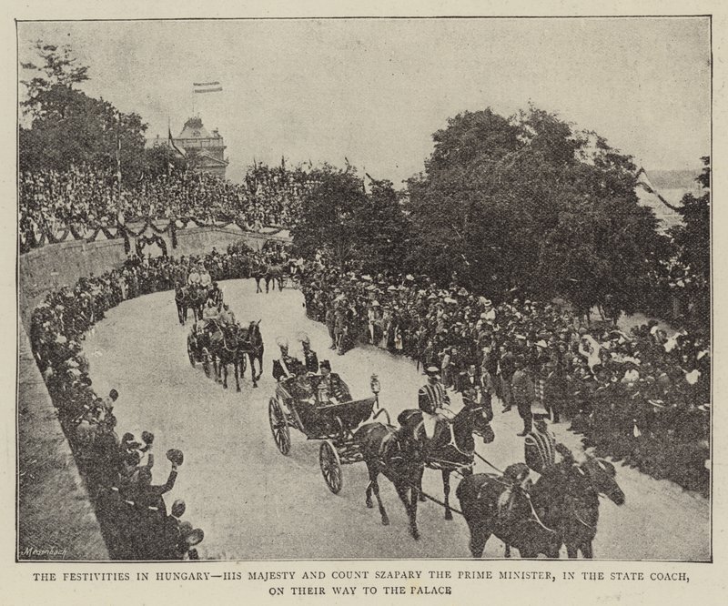 De festiviteiten in Hongarije, Zijne Majesteit en graaf Szapáry de premier, in de staatskoets, op weg naar het paleis (zwart-wit foto) door (after) English photographer