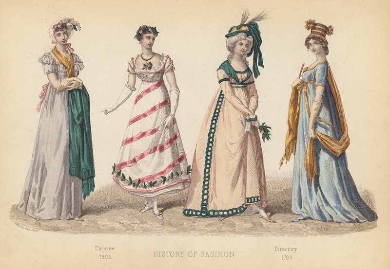 Mode in Frankrijk: Empire 1804; Directory 1795 (gekleurde gravure) door (after) French School