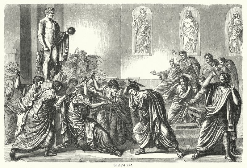 Moord op Julius Caesar (gravure) door (after) German School
