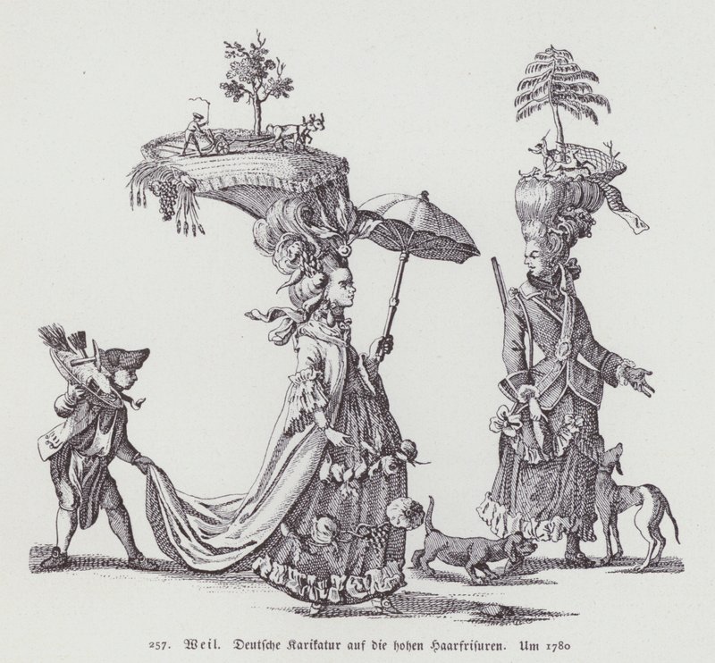 Duitse cartoon die de kapsels van vrouwen uit die tijd bespot door (after) German School