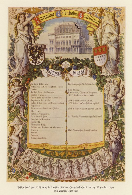 Menu voor een banket ter viering van de opening van het eerste treinstation in Keulen door (after) German School