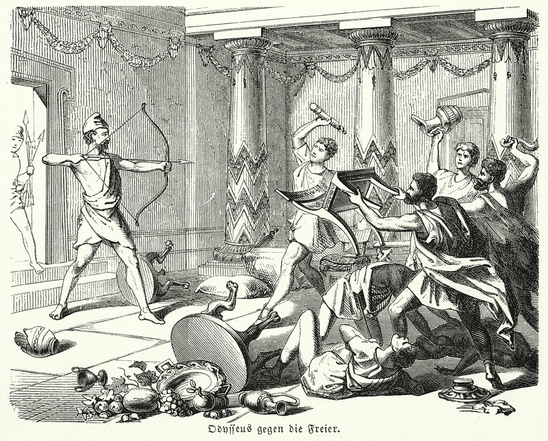 Odysseus doodt de vrijers van Penelope door (after) German School
