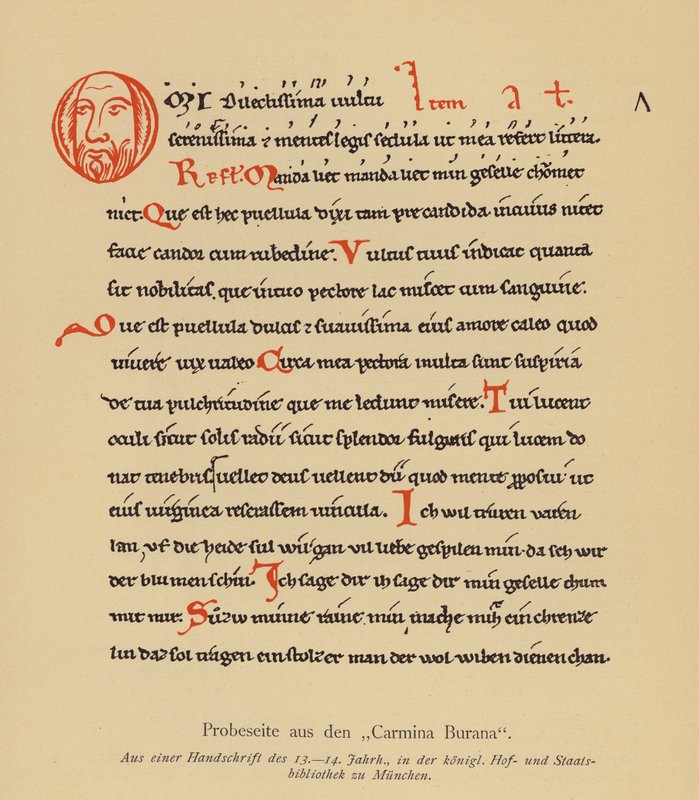 Pagina uit de Carmina Burana (kleur litho) door (after) German School