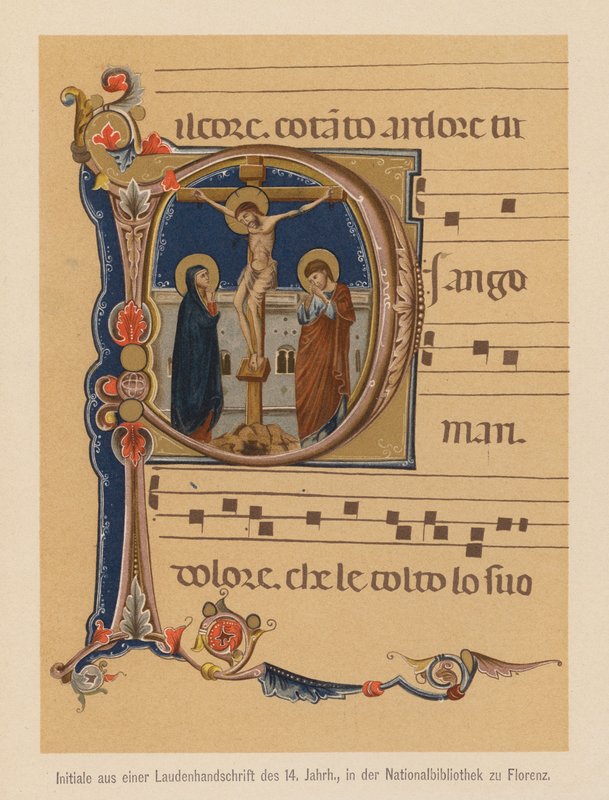 Kruisiging van Jezus Christus, initiaal uit een middeleeuws verlucht manuscript door (after) Italian School