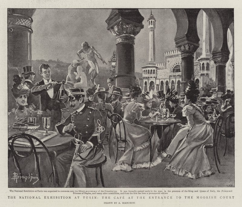 De Nationale Tentoonstelling in Turijn, het Café bij de Ingang van de Moorse Hof door (after) Italian School